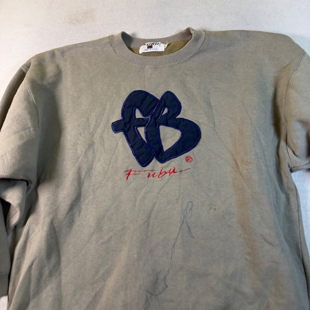 Vintage FUBU Sweatshirt Mens Large Khaki Tan 90s‎ Hip Hop Puff Print Made in USA